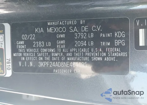 2022 Kia Forte Lxs from USA, damaged, VIN 3KPF24AD8NE464195